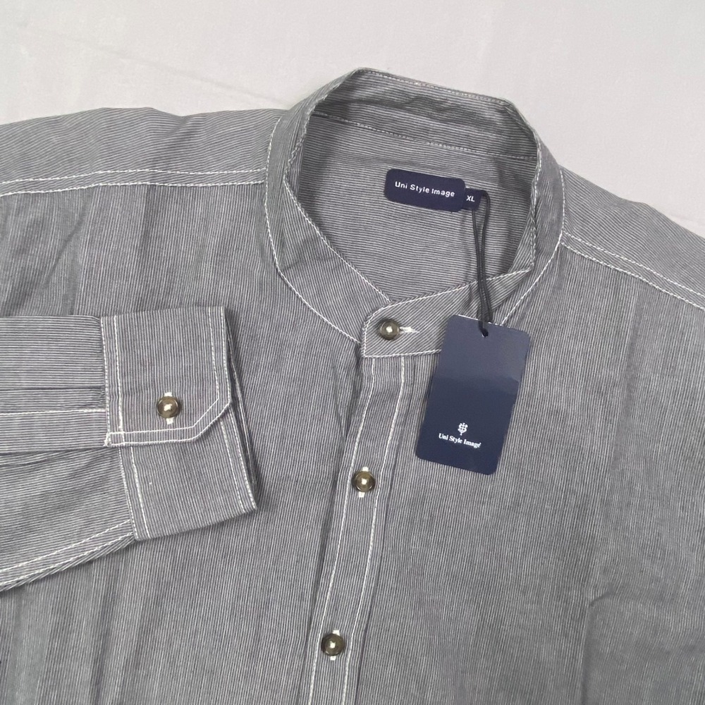 Uni Style Image Mandarin Collar Shirt Mens XL Grey White Pinstripe Cotton NWT